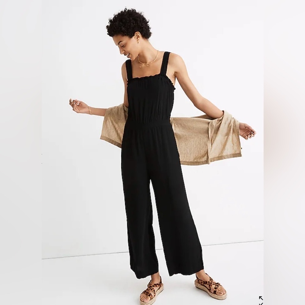 Madewell Jumpsuit Women's Size 00 Smocked Waist Tank Wide Leg Pockets Black